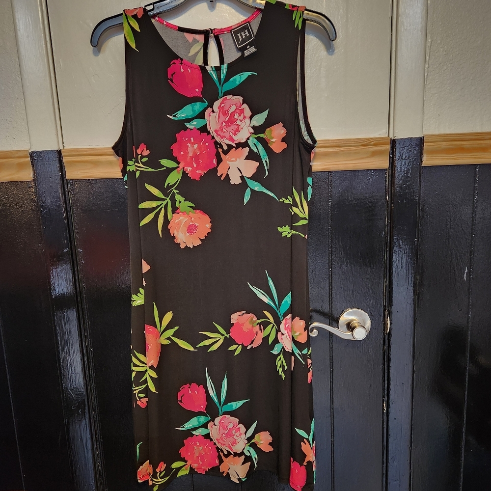 Jessica Howard Size 10 Floral Sleeveless Dress Black with Pink and Green Accents